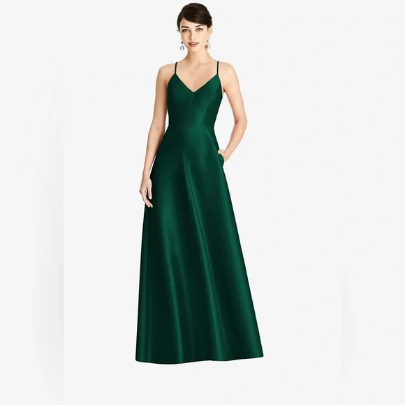 Alfred Sung V-Neck Full Skirt Satin Maxi Dress - D750 - Green - 12 Alfred Sung V-Neck Full Skirt Satin Maxi Dress - D750 - Green - 12